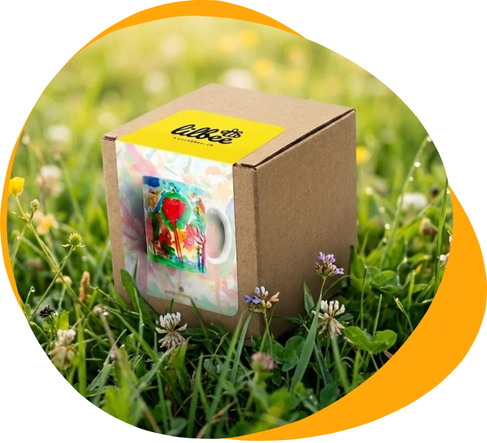 Personalizovaná krabica lilbee s fotkou hrnčeka a žltým štítkom